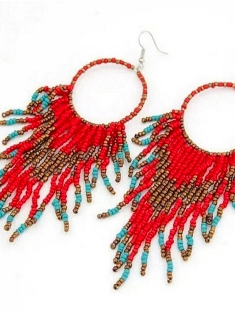 Wildfire Whispers Red Boho Beaded Hoop Earrings